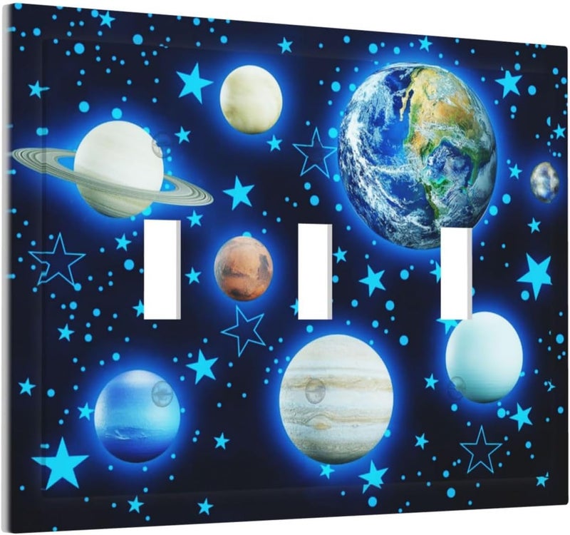DJTRRF Blue Stars Planet 3 Gang Light Switch Cover Decorative Wall Plate Triple Toggle Switchplate Electrical Faceplate for Home Nursery Decor - Image 1